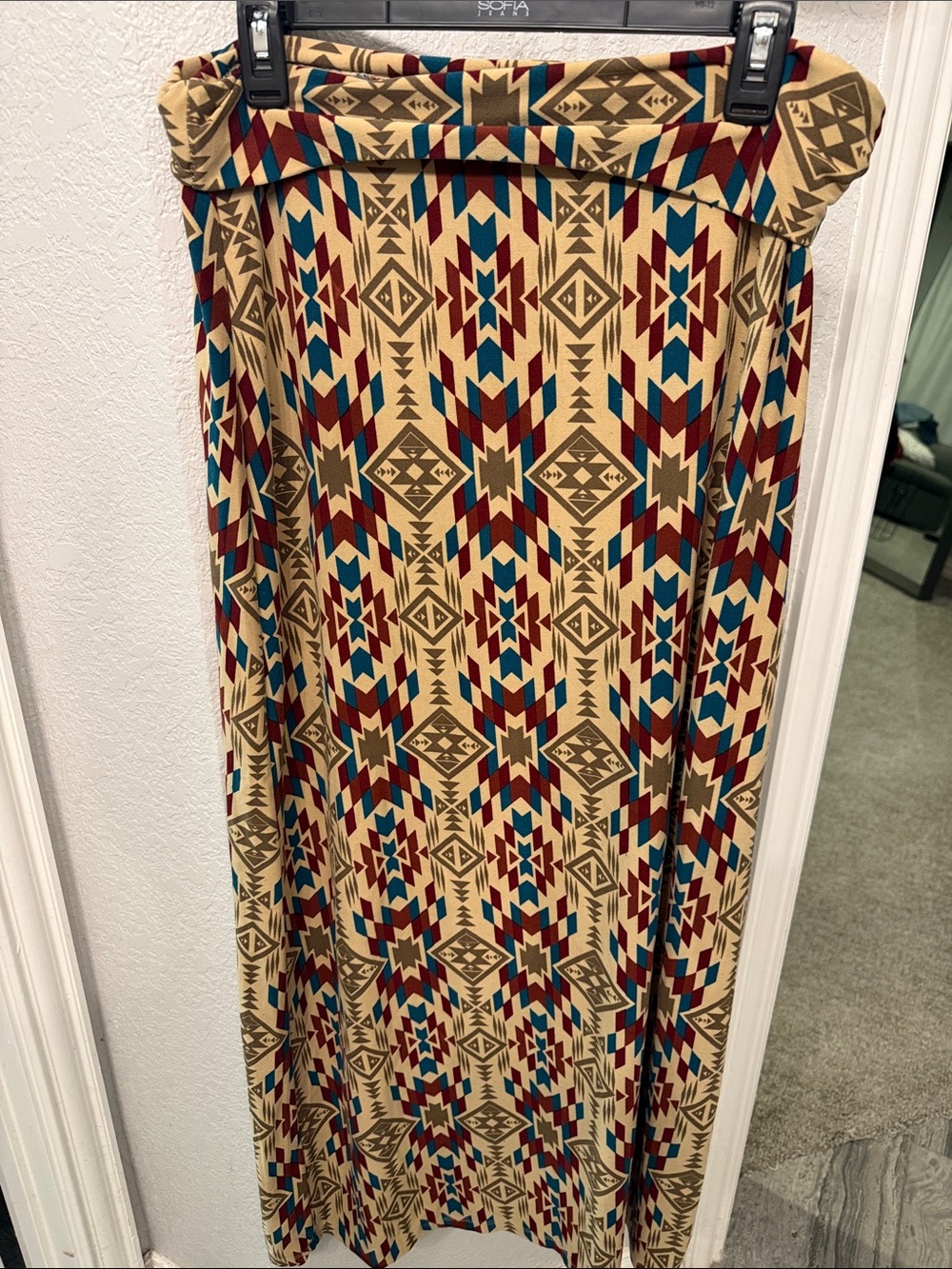 Rue21 Tan Aztec Maxi Skirt with Red & Teal Pattern
